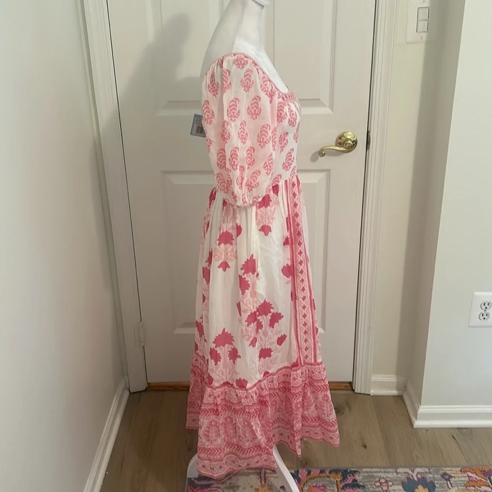 Tuckernuck Oliphant Puff Sleeve Midi Dress in Jaipur Pink & White NWT Size XS - Picture 10 of 14